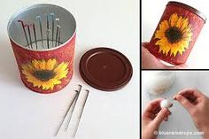 a collage of photos showing how to make a sunflower tin cup with spoons and forks