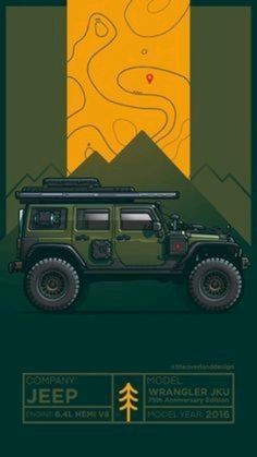 a green jeep parked in front of a mountain with a red heart on the top