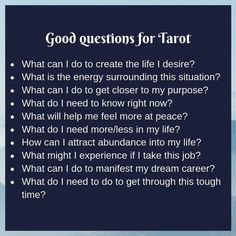 an image with the words good questions for tarot