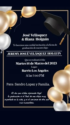 a graduation party flyer with balloons and a cap on the top, in black background