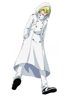 an anime character with yellow hair wearing a white trench coat and black shoes, standing in front of a white background