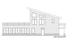 a drawing of the front elevation of a house with windows and sidings on each side