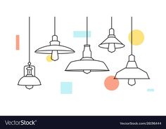 three lamps hanging from the ceiling with different colors and shapes on white background, line art style