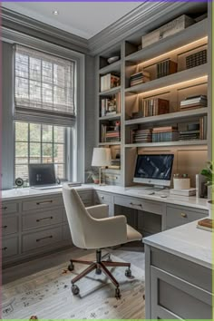 a home office with built - in shelving, desk and computer chair is shown