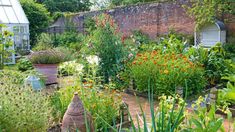 the garden is full of plants and flowers