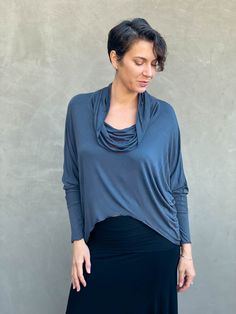 women's natural lightweight rayon jersey teal blue cowl neck loose fit top with thumbholes #color_teal Blue Jam, Cowl Top, Lycra Fabric, Extra Long Sleeves, Long Sleeve Jersey, Draped Fabric, And Dresses, Jersey Top, Thumb Holes