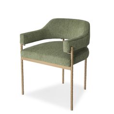 an upholstered green chair with wooden legs and arm rests on a white background