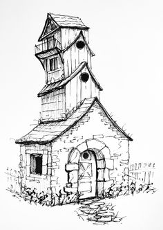 a black and white drawing of a church