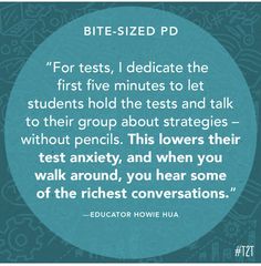 a blue circle with the quote bite - sized pd for tests, i dedicated the first five minutes to let students hold their test