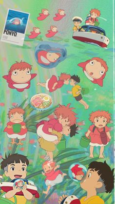 an advertisement for ponyo with cartoon characters on it