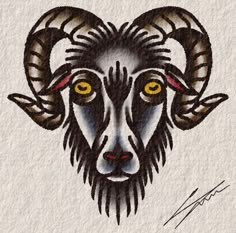 a painting of a ram's head with yellow eyes and horns on white paper