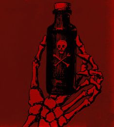 a bottle with a skull on it is held up by a skeleton's hand