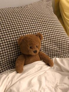 a brown teddy bear sitting on top of a bed