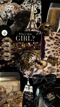 a collage of different items including glasses, leopard print and other animal themed objects