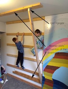 two young boys climbing up and down the stairs in a playroom with painted walls