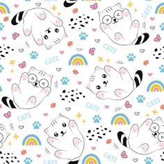 cats and rainbows on a white background with hearts, stars, and paw prints