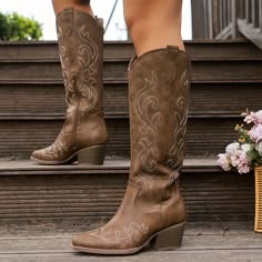 Faster shipping. Better service Cowboy Design, Chunky Heels Boots, Shoe Inspo, Cowboy Boots Women, Casual Heels, Pointed Toe Heels, Mid Calf Boots, Cowgirl Boots, Chunky Heel