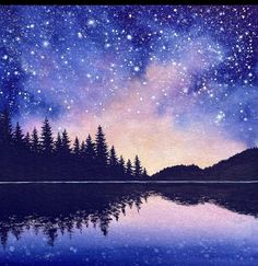 the night sky is filled with stars and trees, as well as some water reflection