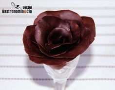 a single chocolate rose sitting in a glass vase