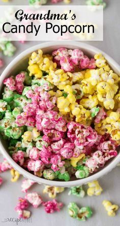 grandma's candy popcorn in a white bowl