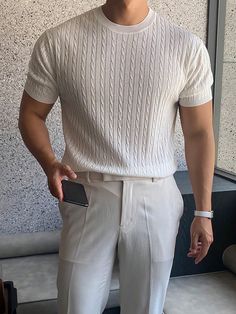 Suéter Masculino Tricotado com Padronagem Twist Gola Redonda, Cor Sólida Branco Casual  Manga Curta Tecido Simples  Elasticidade Baixa  Men Clothing, size features are:Bust: ,Length: ,Sleeve Length: Men Shein Outfits, Mens Date Night Outfit Classy, Cream Outfit Men, Casual Men Outfits Aesthetic, White Men Outfit, Dress Clothes Men, Men Dinner Outfit Night, All White Outfit Men, White Outfit Men