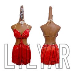 two mannequins dressed in red and silver with beading on the sides