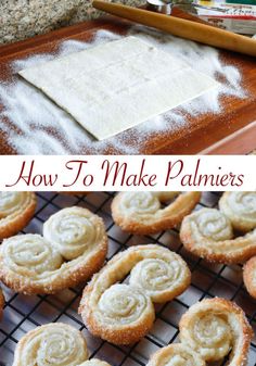 how to make palmiers on a cooling rack with powdered sugar and baking utensils in the background