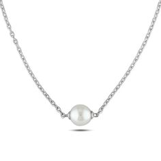 Wow her with this stately and stylish pearl fashion necklace. Created in sleek sterling silver, this simple design showcases a single 9.0-9.5mm cultured freshwater pearl centered along an elegant link chain necklace. Needing no further accompaniment, this 18.0-inch necklace is polished to a brilliant shine and secures with a durable lobster claw clasp. Classic Sterling Silver Single Strand Pearl Necklace, Classic Single Strand Sterling Silver Pearl Necklace, Classic Silver Necklace With Pearl Pendant, Elegant Solitaire Necklace With Cable Chain, Timeless Silver Pearl Necklace With Charm, Classic Sterling Silver Pearl Chain Necklace, White Classic Pearl Necklace With Cable Chain, Formal Pearl Necklace With Cable Chain, Formal White Pearl Necklace With Cable Chain