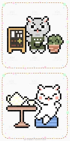 an image of pixel art with cats and plants on it's side by side