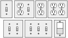 electrical wiring diagram showing multiple outlets and two outlets in the same box, with four different types of plugs