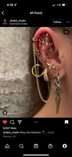 the ear is adorned with many different types of jewelry