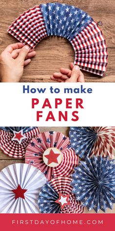 Step showing how to make paper fans and finished paper fans in various shapes with stars at the center. Text overlay reads "How to Make Paper Fans". Easy Party Decor, Make Your Own Paper, Easy Parties, Make Paper, Paper Fans, Sewing Projects For Beginners, Diy Party Decorations, Custom Paper, How To Make Paper