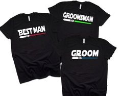 three black t - shirts with the words best man and groom on them in white letters