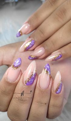 Purple And Gold Almond Nails, Purple White And Gold Nails, Dark Purple And Gold Nails, Purple And Gold Nails Acrylic, Lavender And Gold Nails, Purple And Gold Nails Designs, Gold And Purple Nails, Purple Gold Nails, Purple And Gold Nails