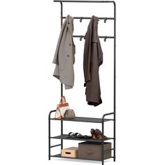 a coat rack with two coats hanging from it's sides and shoes on the bottom shelf