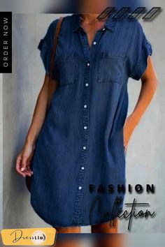 New Casual Short Sleeve Slim Fit Denim Dress Women Solid Color Loose Midi Y2k Dress Vestidos De Mujer Casual Solid Color Shirt Dress For Summer, Casual Spring Shirt Dress In Solid Color, Casual Solid Color Mini Dress, Casual Solid Color Knee-length Shirt Dress, Denim Blue Short Sleeve Dresses With Pockets, Casual Short Sleeve Solid Color Shirt Dress, Casual Short Sleeve Solid Shirt Dress, Casual Solid Color Short Sleeve Shirt Dress, Casual Solid Color Denim Dress