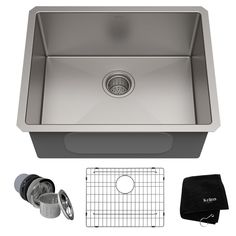 a stainless steel kitchen sink and accessories