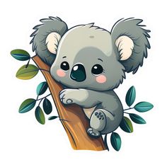 a koala bear sitting on top of a tree branch with leaves around its neck