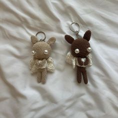 handmade crochet bunny keychains brown and cream, with pearl eyes and bows on back
-dm to buy, each sold separately 
-urban for exposure
9x7 cm Pearl Eyes, Knit Ideas, Crochet Bunny, Handmade Crochet, Keychains, Art Collection, Urban Outfitters, Cream, Knitting