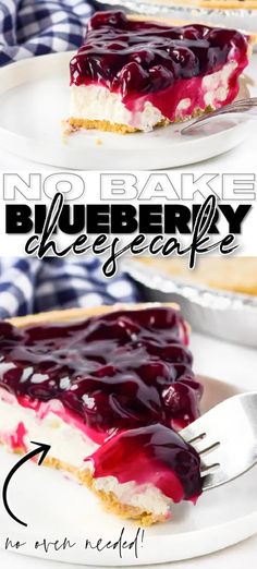 no bake blueberry cheesecake on a plate with a fork