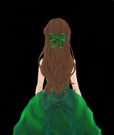 a drawing of a woman in a green dress with a bow on her head sitting down