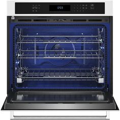 an oven with the door open and it's light on, in front of a white background