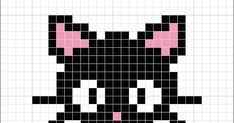 a black and white cat with pink eyes on it's face is shown in the shape of a cross stitch pattern