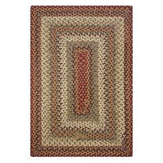 a red and beige area rug with an oval design on the center, in various colors