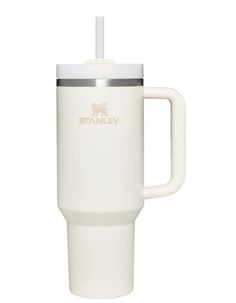 the stanley travel mug is white and has a straw in it's cup handle