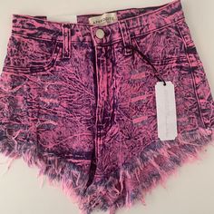 Who Loves Short Shorts?! Pink & Blue Denim Acid Wash Cut Off Shorts. High Waisted, Distressed And Lots Of Stretch. Features Faux Front Pockets With Useable Back Pockets. Pink Bottoms With Frayed Hem For Summer, Pink Frayed Hem Shorts For Summer, Pink Jeans With Frayed Hem For Summer, Trendy Pink Jean Shorts With Pockets, Pink Short Summer Jeans, Pink Cutoff Bottoms For Summer, Pink Shorts With Frayed Hem For Spring, High Waist Pink Jean Shorts For Summer, High-waisted Pink Jean Shorts For Summer