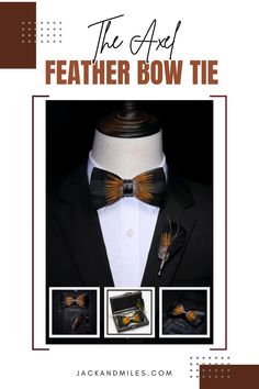 Elegant feather bow tie displayed on a mannequin wearing a black suit and white shirt. Three close-ups highlight the vibrant orange and black feathers.