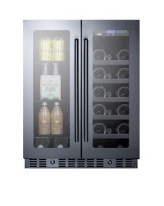 the double door refrigerator has two bottles in it