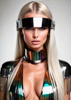 a woman with long blonde hair and futuristic glasses on her head, wearing a shiny outfit