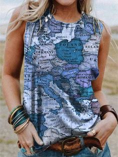 Gender: Women Type:Tank Tops Feature:Map Print. Crew Neck. Sleeveless Material:Polyester Style:Casual/Fashion Color:Gray. Pink. Khaki. Blue Size:S. M. L. XL. 2XL. 3XL. 4XL. 5XL Please Note:All Dimensions Are Measured Manually With A Deviation Of 1 To 3cm. Tops Blouse, Womens Cami, Casual Vest, Fashion Materials, Tee Shirt Print, Casual Tank Tops, Sleeveless Tshirt, Sleeveless Vest, Fashion Colours